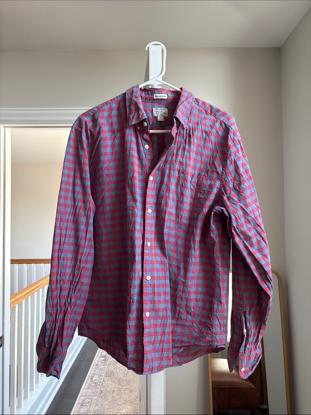 J. Crew Men's Red and Blue Check Button-Down Shirt